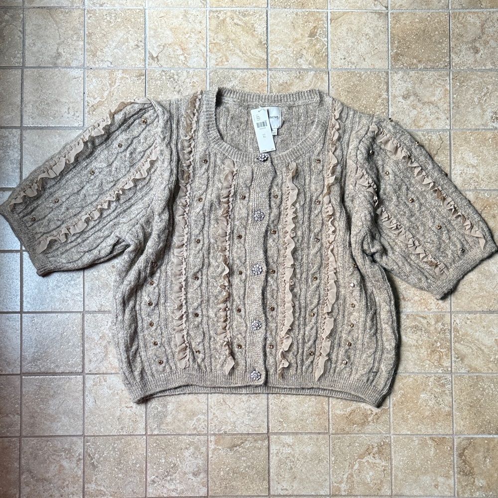 Maeve Ruffled Embellished Short Sleeve Cardigan Sweater Sparkle Anthropologie XL - Picture 8 of 16